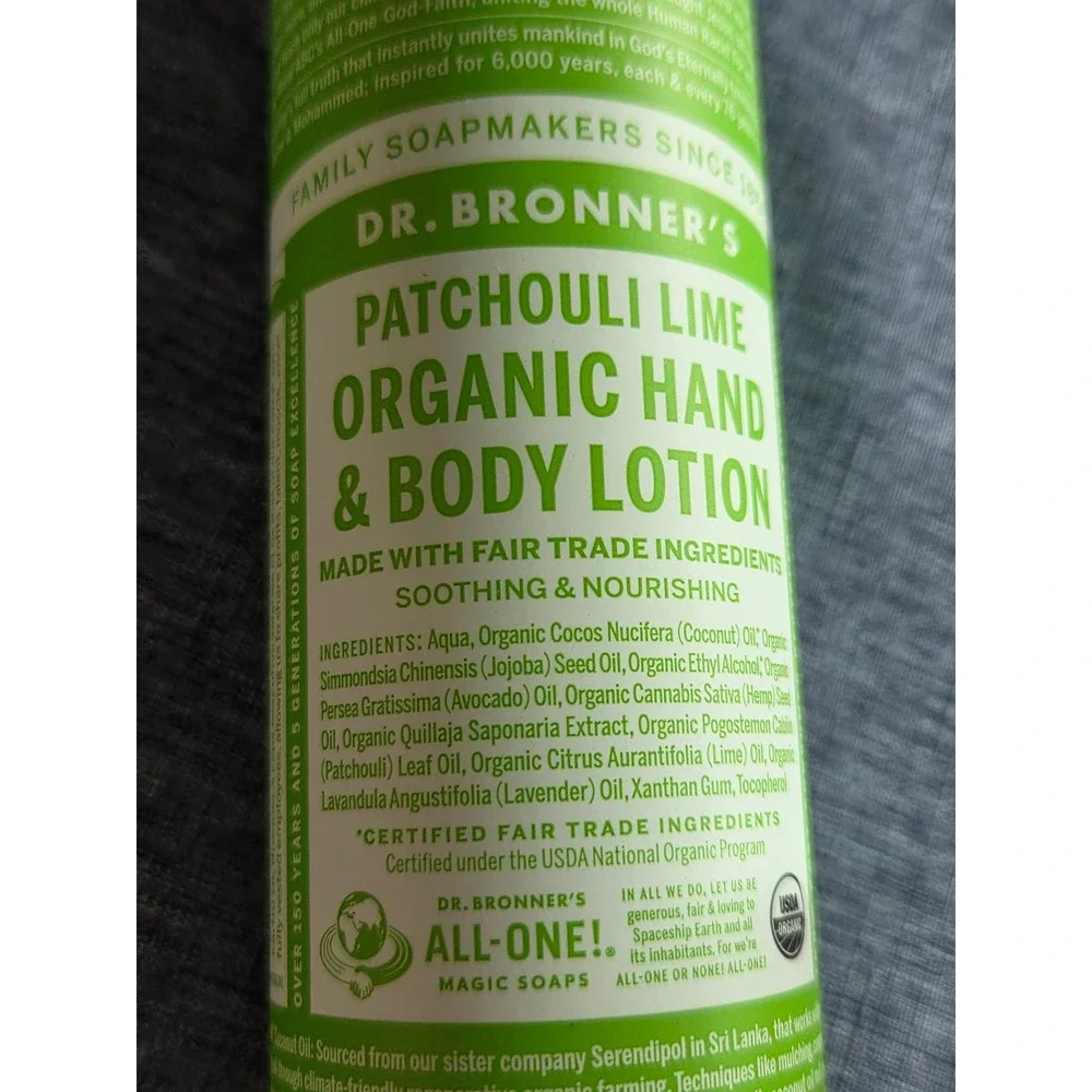 NEW Dr. Bronner's Patchouli Lime Organic Hand & Body Lotion 8oz Pump Bottle Eco